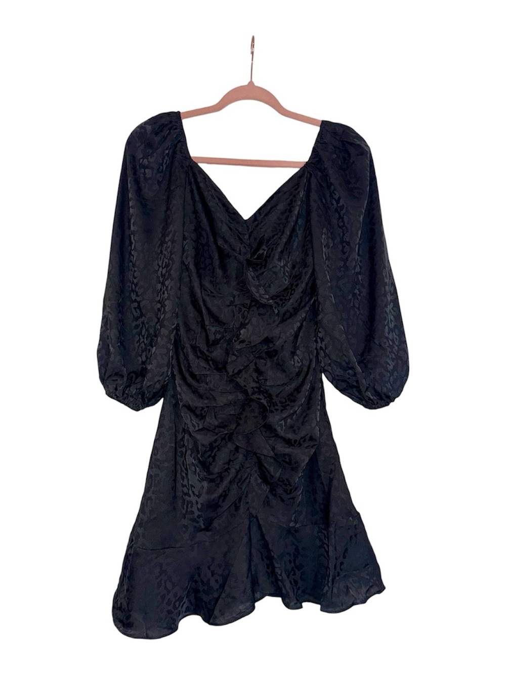 She+Sky Black Ruched VNeck Puff Sleeve Leopard Print Dress, NEW WITH TAGS, SMALL - Picture 2 of 7